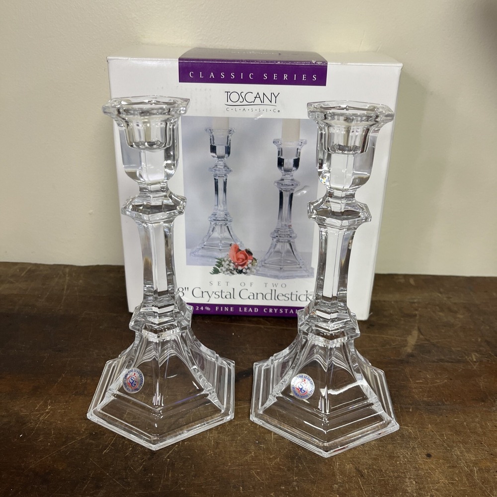 St. George Toscany Classic 8" Crystal Candlesticks Newport 24% Fine Lead Crystal
